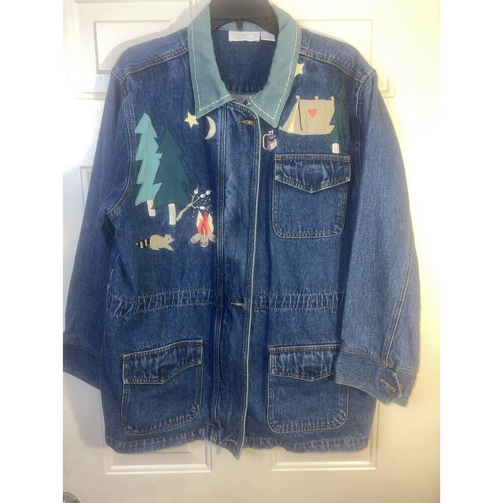 Christopher & Banks Women’s Embroidered Denim Jacket Camping Blue Large VINTAGE